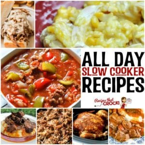 20 All Day Slow Cooker Recipes: Do you wish you had more ALL DAY slow cooker recipes that you fix in the morning and come home to a perfectly cooked meal? We have pulled together our favorite long cooking crock pot recipes and asked the best cooks we know to tell us theirs as well. Mississippi Roast, Pork Carnitas, Crock Pot Stuffed Pepper Soup, Slow Cooker Cheesy Chicken and Rice, BBQ Whole Chicken, Steak Tacos, Philly Cheesesteak and much, much more!