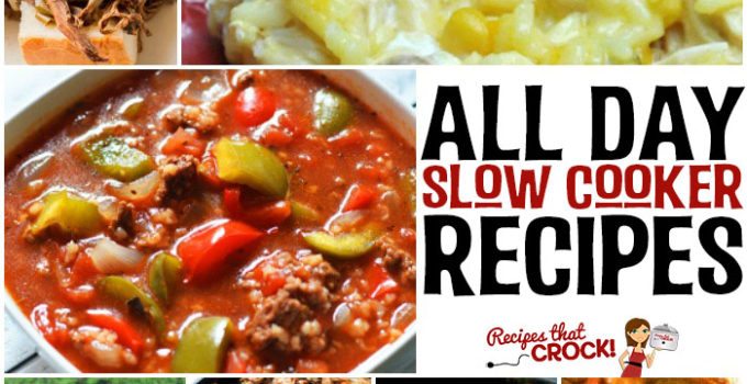 20 All Day Slow Cooker Recipes: Do you wish you had more ALL DAY slow cooker recipes that you fix in the morning and come home to a perfectly cooked meal? We have pulled together our favorite long cooking crock pot recipes and asked the best cooks we know to tell us theirs as well. Mississippi Roast, Pork Carnitas, Crock Pot Stuffed Pepper Soup, Slow Cooker Cheesy Chicken and Rice, BBQ Whole Chicken, Steak Tacos, Philly Cheesesteak and much, much more!