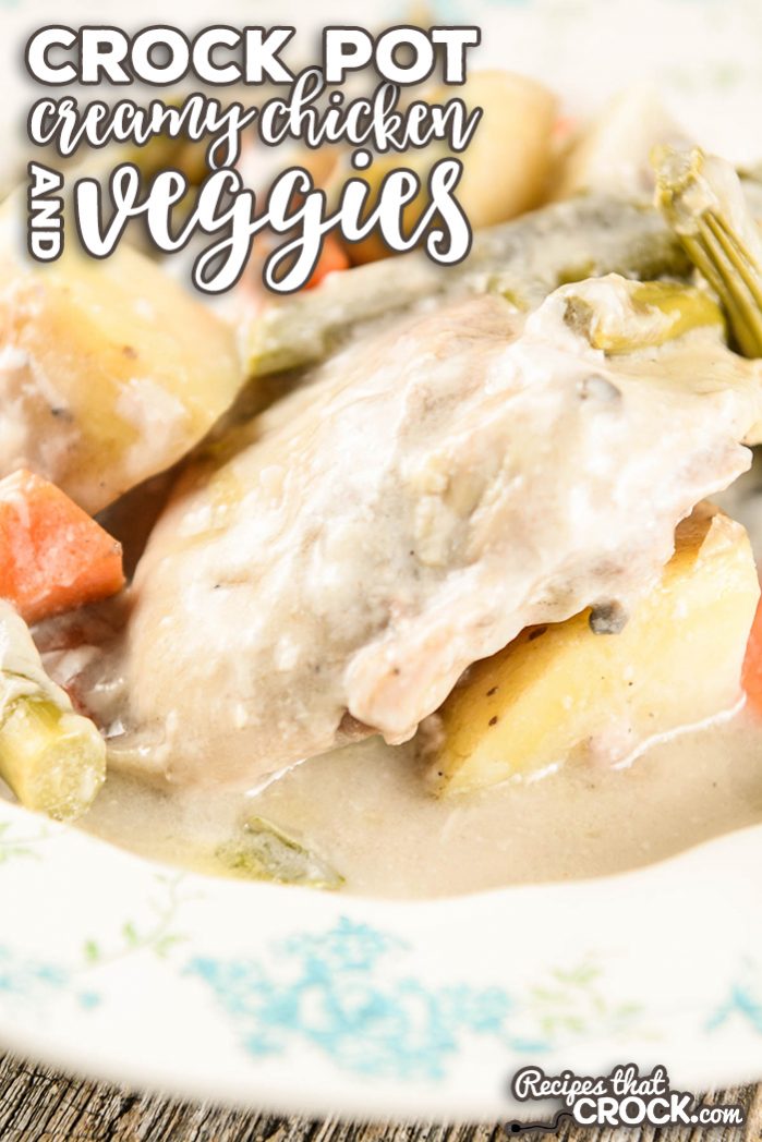 Crock Pot Creamy Chicken Vegetables is an easy one-pot slow cooker meal full of fresh veggies! This is the perfect family dinner idea for quick and easy weeknight meals. via @recipescrock