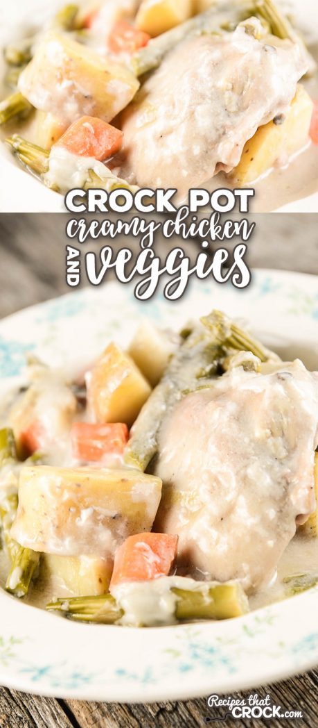 Crock Pot Creamy Chicken Vegetables is an easy one-pot slow cooker meal full of fresh veggies! This is the perfect family dinner idea for quick and easy weeknight meals.