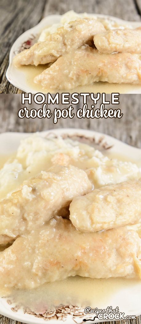 This delicious Homestyle Crock Pot Chicken is fork tender and flavorful. You won't believe how easy it is to put together! via @recipescrock