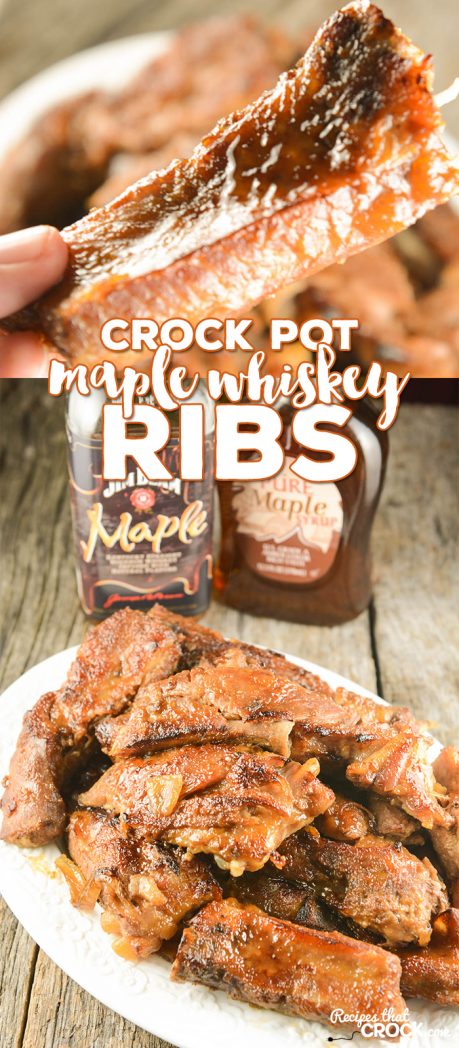 Easy Crock Pot Ribs {Maple Whiskey}: These Maple Whiskey Crock Pot Ribs are so flavorful and tender! Whether you are preparing them for family dinner or a backyard BBQ, you won't believe how easy it is to create better-than-restaurant quality in your crock pot! Psst... don't skip the optional homemade sauce -- it is to die for on these slow cooker ribs! Don't have whiskey on hand? We give you an apple juice option as well.
