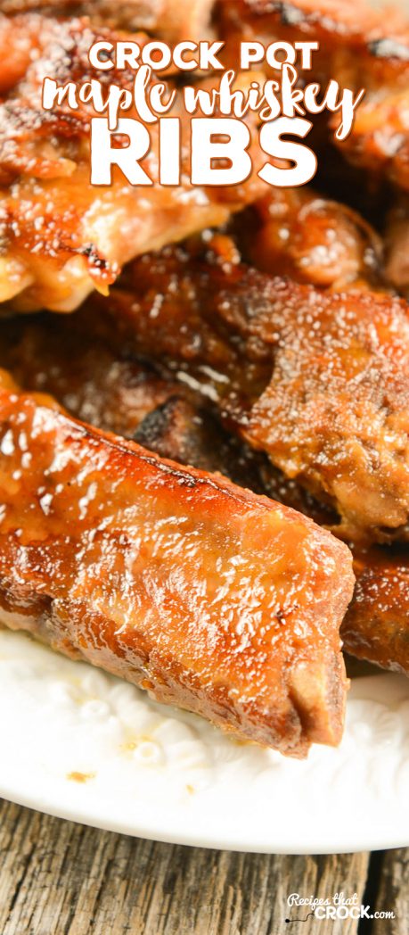 Easy Crock Pot Ribs {Maple Whiskey}: These Maple Whiskey Crock Pot Ribs are so flavorful and tender! Whether you are preparing them for family dinner or a backyard BBQ, you won't believe how easy it is to create better-than-restaurant quality in your crock pot! Psst... don't skip the optional homemade sauce -- it is to die for on these slow cooker ribs! Don't have whiskey on hand? We give you an apple juice option as well.