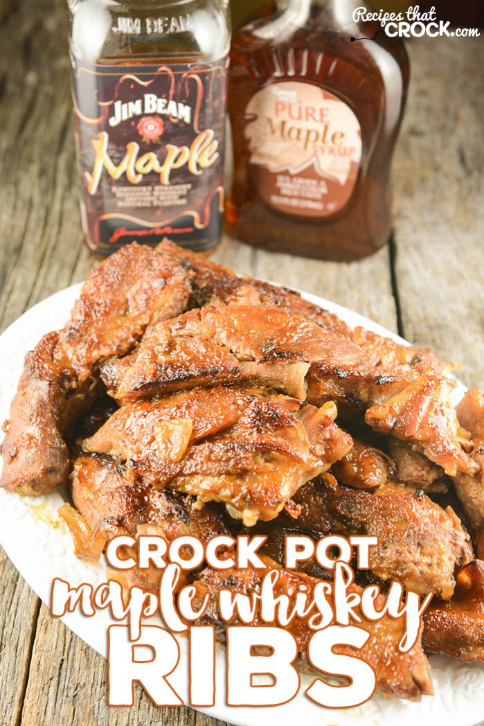 Easy Crock Pot Ribs {Maple Whiskey}: These Maple Whiskey Crock Pot Ribs are so flavorful and tender! Whether you are preparing them for family dinner or a backyard BBQ, you won't believe how easy it is to create better-than-restaurant quality in your crock pot! Psst... don't skip the optional homemade sauce -- it is to die for on these slow cooker ribs! Don't have whiskey on hand? We give you an apple juice option as well.