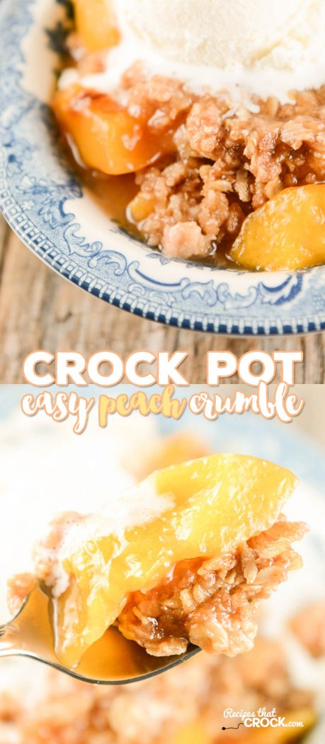 Easy Crock Pot Peach Crumble is a simple, delicious dessert recipe for your slow cooker. It is a fantastic dump and go recipe that is perfect for weeknight family dinners, potlucks or even holidays!