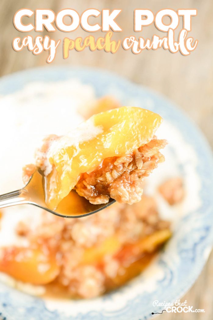 Easy Crock Pot Peach Crumble is a simple, delicious dessert recipe for your slow cooker. It is a fantastic dump and go recipe that is perfect for weeknight family dinners, potlucks or even holidays!