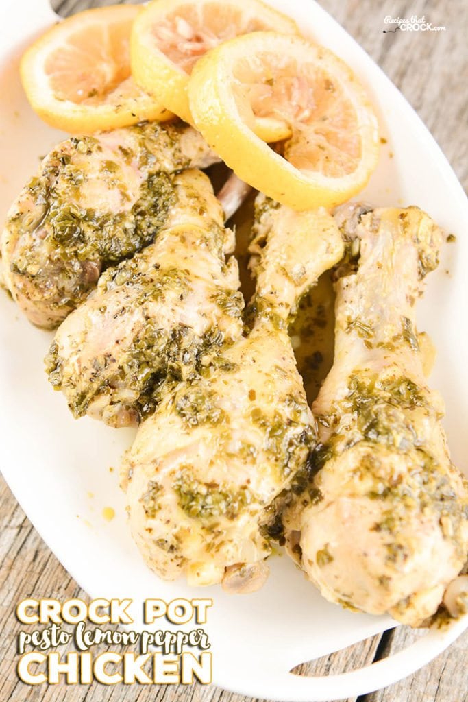Crock Pot Pesto Lemon Pepper Chicken Legs: This slow cooker chicken legs recipe is so simple but flavorful and delicious. The lemon pepper subtly compliments the pesto flavor on the chicken drumsticks without overpowering it. This dish is in the crock pot in less than 5 minutes and is a perfect quick and easy recipe for weeknight family meals.