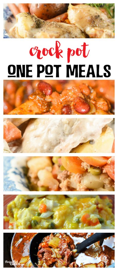 Do you love great one pot meals? I sure do! These Crock Pot One Pot Meals make dinner a snap on busy weeknights. I have pulled together some of my favorite ways to crock the pot with all in one meals including Crock Pot Beef Stew, Crock Pot Creamy Chicken Vegetables, One Pot Chicken Dinner, Crock Pot Italian Hobo Stew, Crock Pot One Pot Chicken Casserole and Easy Crock Pot Cowboy Beans.