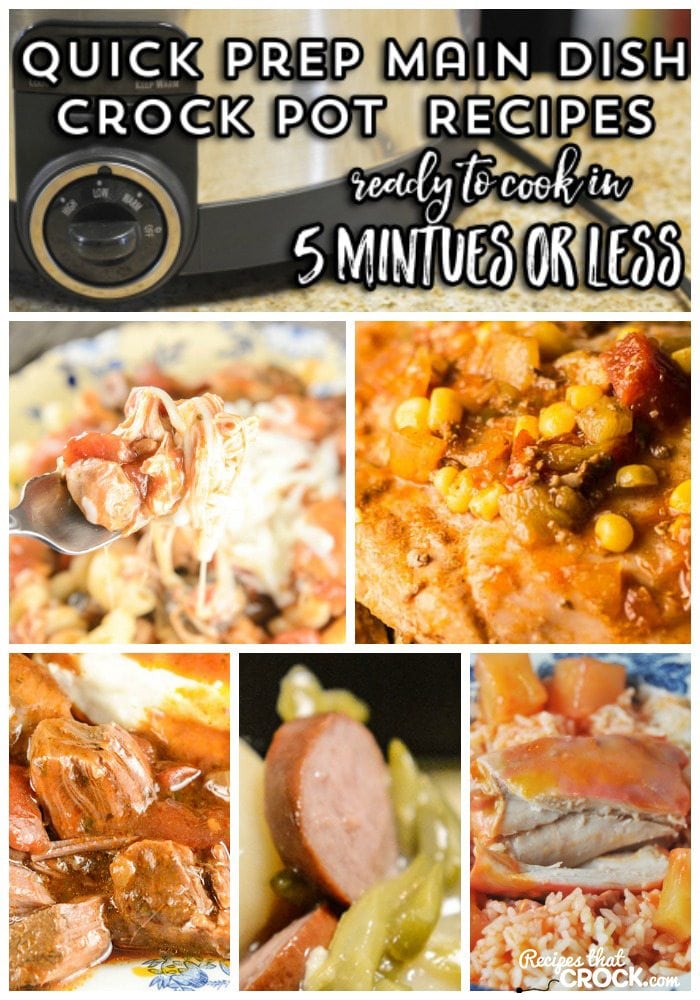 These easy crock pot recipes can be prepared in 5 minutes or less! Italian Beef Roast, Fiesta Pork Chops, One Pot Sausage Dinner, Catalina Chicken and Italian Chicken are all a snap to throw together. These recipes make busy back to school days so much easier and are a great way to use up your pantry canned food staples. #Ad #CansGetYouCooking