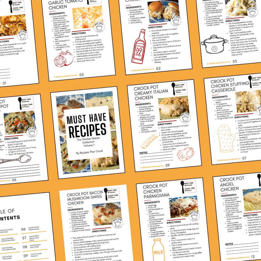 Must Have Recipes: The Chicken Breast Collection Vol 1 - Looking for ways to cook up a pack of chicken breasts? This all in one download includes some of our most loved, must have chicken breast recipes in a full color, fully designed printable with linked table of contents for easy navigation. This collection includes: Easy Crock Pot BBQ Chicken, Shredded Buffalo Chicken Sliders, Crock Pot Creamy Italian Chicken Noodles, Crock Pot Garlic Tomato Chicken,   Crock Pot Chicken Pot Pie Soup,   Crock Pot Chicken Stuffing Casserole, Crock Pot Bacon Mushroom Swiss Chicken,  Creamy Italian Chicken, Crock Pot Chicken Parmigiana, Crock Pot Angel Chicken