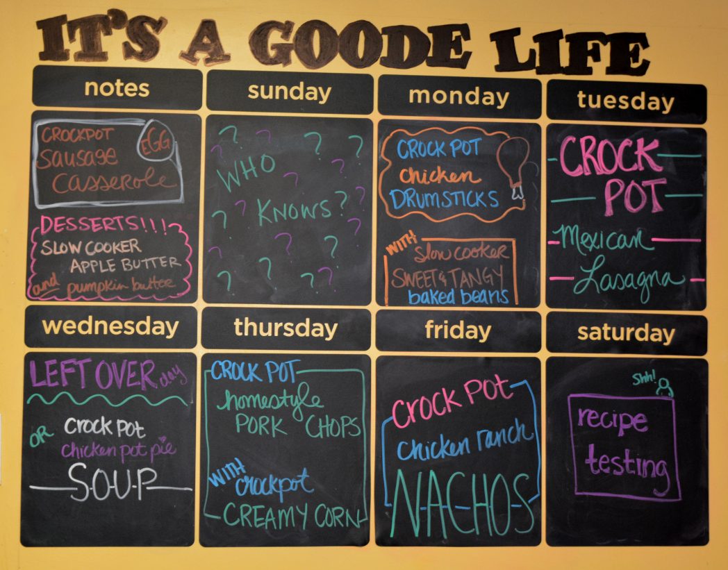 This week's Weekly Meal Plan includes Chicken Drumsticks, Slow Cooker Sweet and Tangy Baked Beans, Mexican Lasagna, Crock Pot Chicken Pot Pie Soup, Homestyle Crock Pot Pork Chops, Creamy Crock Pot Corn, Crock Pot Chicken Ranch Nachos, Slow Cooker Apple Butter, Slow Cooker Pumpkin Butter and Crock Pot Sausage Egg Casserole! 
