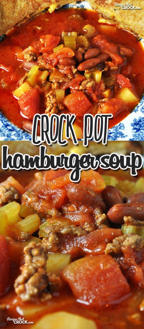 This Crock Pot Hamburger Soup has it all! Super easy, great flavor, meat, veggies and goes great with a grilled cheese! via @recipescrock