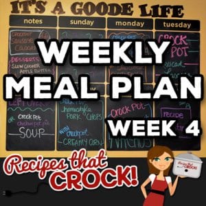 This week's Weekly Meal Plan includes Chicken Drumsticks, Slow Cooker Sweet and Tangy Baked Beans, Mexican Lasagna, Crock Pot Chicken Pot Pie Soup, Homestyle Crock Pot Pork Chops, Creamy Crock Pot Corn, Crock Pot Chicken Ranch Nachos, Slow Cooker Apple Butter, Slow Cooker Pumpkin Butter and Crock Pot Sausage Egg Casserole!