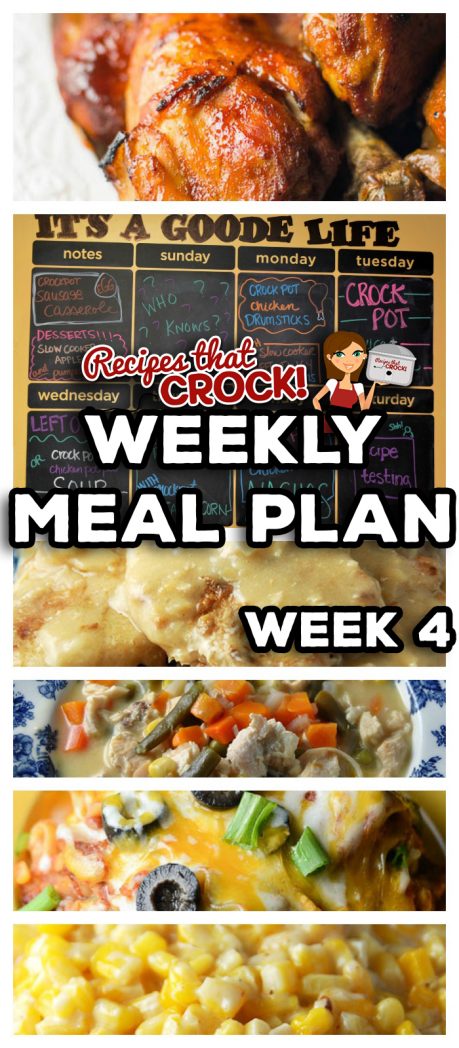 This week's Weekly Meal Plan includes Chicken Drumsticks, Slow Cooker Sweet and Tangy Baked Beans, Mexican Lasagna, Crock Pot Chicken Pot Pie Soup, Homestyle Crock Pot Pork Chops, Creamy Crock Pot Corn, Crock Pot Chicken Ranch Nachos, Slow Cooker Apple Butter, Slow Cooker Pumpkin Butter and Crock Pot Sausage Egg Casserole! 