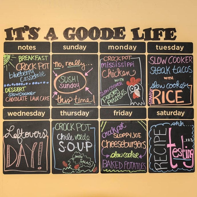 Weekly Meal Plan including: Slow Cooker Blueberry Breakfast Casserole, Crock Pot Chocolate Lava Cake, Slow Cooker Steak Tacos, Crock Pot Spanish Rice, Slow Cooker Chile Verde Soup, Crock Pot Mississippi Chicken Thighs, Crock Pot Parsley Potatoes, Crock Pot Sloppy Joe Cheeseburgers and Crock Pot Baked Potatoes