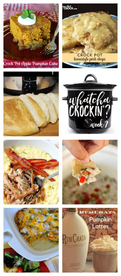 This week's Whatcha Crockin' crock pot recipes include Artisan Bread, Crock Pot Chicken Veggie and Rice Casserole, Homestyle Crock Pot Pork Chops, Crock Pot Apple Pumpkin Cake, Sausage Dip, Slow Cooker Apple Butter Glazed Pork Tenderloin, Crock Pot Pumpkin Lattes and more!