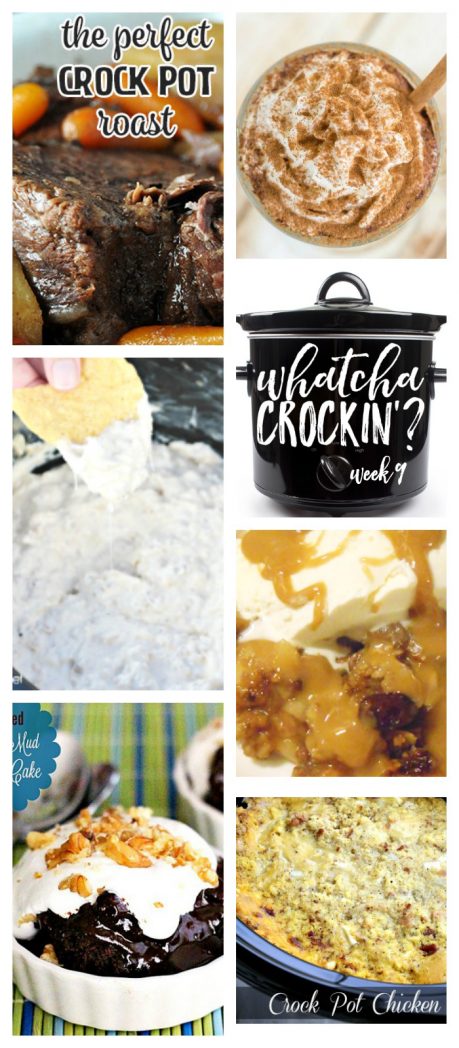 This week's Whatcha Crockin' crock pot recipes include Crock Pot Chicken and Dressing, Slow Cooked Mississippi Mud Pudding, The Perfect Crock Pot Roast, Crock Pot Apple Crisp, Crock Pot White Pizza Dip and more!