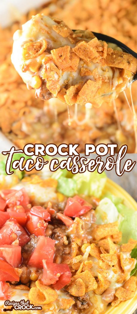 This easy Crock Pot Taco Casserole is a tasty twist to taco night. This recipe is a delicious casserole of ground beef, cheese, beans, mexicorn and Chili Cheese Fritos - yum!