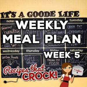 This week's Weekly Meal Plan includes Crock Pot Brown Sugar Holiday Ham, Crock Pot Corn Casserole, Crock Pot Creamy Chicken and Veggies, Ham Fried Rice, Easy Crock Pot Maple Whiskey Ribs, Crock Pot Old Fashioned Cabbage, Crock Pot Italian Pot Roast, Crock Pot Garlic Ranch Mashed Potatoes, Freezer Breakfast Burritos, and Crock Pot Magic Bars!