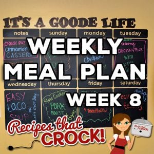 This week's Weekly Meal Plan includes Crock Pot Cinnamon Roll Casserole, Crock Pot Crustless Pumpkin Pie, Crock Pot BBQ Beer Chicken, Extra Cheesy Crock Pot Mac 'n Cheese, Slow Cooker Creamy Chicken and Rice, Crock Pot Green Beans, Easy Crock Pot Taco Soup, Slow Cooker Pork Roast and Veggies and Crock Pot Spaghetti and Meatballs!