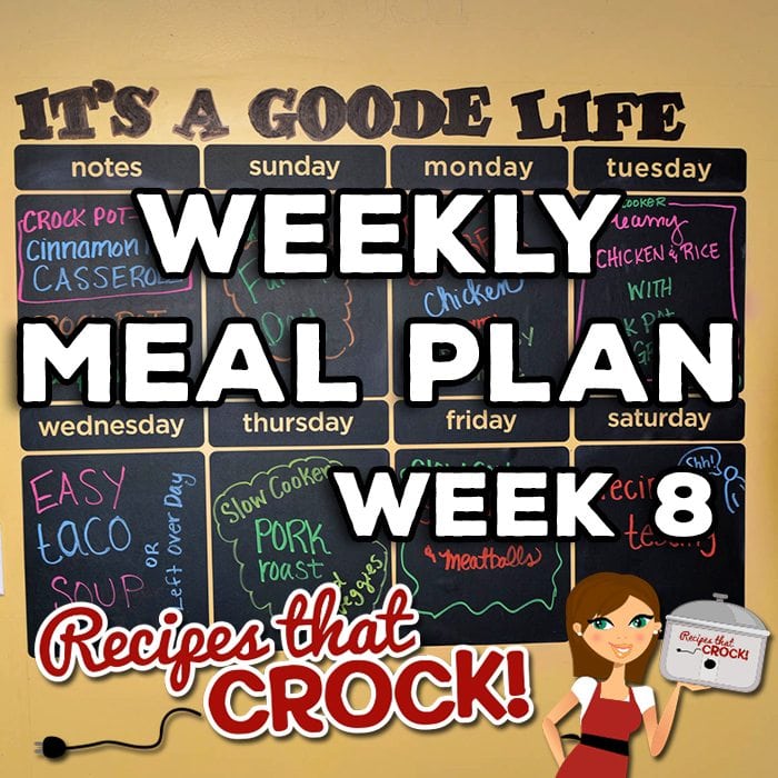 This week's Weekly Meal Plan includes Crock Pot Cinnamon Roll Casserole, Crock Pot Crustless Pumpkin Pie, Crock Pot BBQ Beer Chicken, Extra Cheesy Crock Pot Mac 'n Cheese, Slow Cooker Creamy Chicken and Rice, Crock Pot Green Beans, Easy Crock Pot Taco Soup, Slow Cooker Pork Roast and Veggies and Crock Pot Spaghetti and Meatballs!