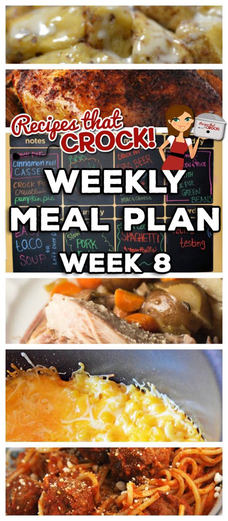 This week's Weekly Meal Plan includes Crock Pot Cinnamon Roll Casserole, Crock Pot Crustless Pumpkin Pie, Crock Pot BBQ Beer Chicken, Extra Cheesy Crock Pot Mac 'n Cheese, Slow Cooker Creamy Chicken and Rice, Crock Pot Green Beans, Easy Crock Pot Taco Soup, Slow Cooker Pork Roast and Veggies and Crock Pot Spaghetti and Meatballs!