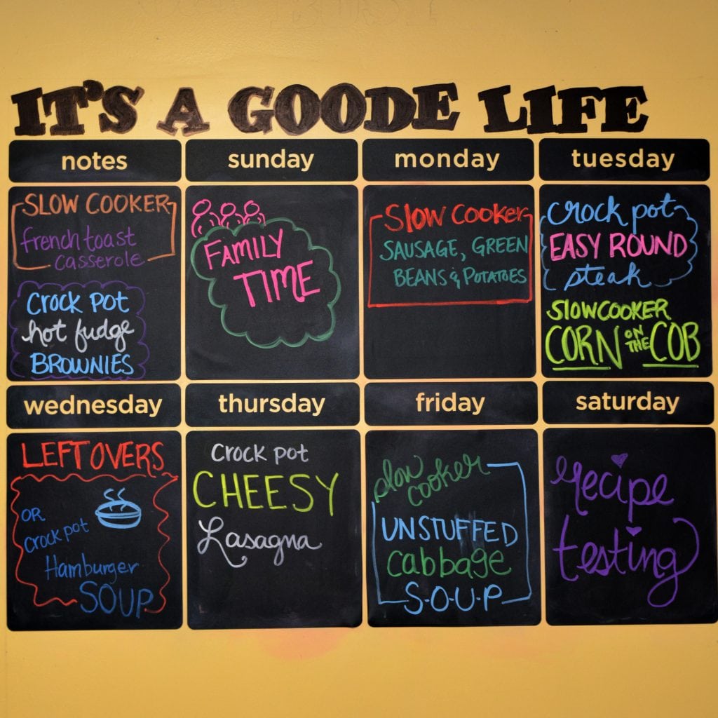 This week's Weekly Meal Plan includes Slow Cooker French Toast Casserole, Crock Pot Hot Fudge Brownies, Crock Pot Sausage, Potatoes and Green Beans, Easy Crock Pot Round Steak, Crock Pot Corn on the Cob, Crock Pot Hamburger Soup, Crock Pot Cheesy Lasagna and Crock Pot Unstuffed Cabbage Soup!
