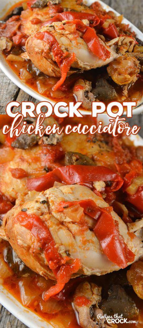 Crock Pot Chicken Cacciatore Recipe: This Crock Pot Chicken Cacciatore is the perfect slow cooker recipe for two or can be doubled to feed a larger family. This is a classic dish that everyone loves-delicious chicken with bell peppers, tomatoes and mushrooms.