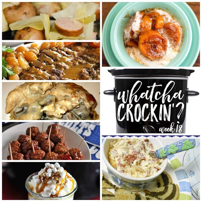 This week's Whatcha Crockin' crock pot recipes include Slow Cooked Roast with Creamy Mushroom Gravy, Slow Cooker Cranberry Meatballs, Crock Pot Smoked Sausage, Cabbage and Potatoes, Cinnamon White Cocoa, Crock Pot Angel Chicken, Crock Pot Reuben Dip, Crock Pot Candied Sweet Potatoes and much more!