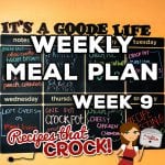 This week's Weekly Meal Plan includes Slow Cooker Bacon Brown Sugar Sausages, Crock Pot Peach Cobbler, Crock Pot Italian Meatball Soup, Crock Pot Mexican Hamburgers, Meat Lovers Crock Pot Chili, Smothered Crock Pot Beef Tip and Crock Pot Cheesy Chicken Chowdown!