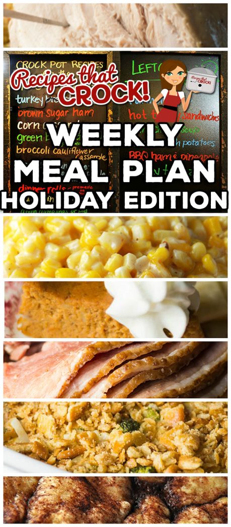 We are switching things up with week with a Weekly Meal Plan - Holiday Edition! This week is all about how to use your slow cooker to free up your oven for the holidays. Crock pot turkey breast, Crock pot turkey legs, crock pot brown sugar ham, slow cooker corn casserole, crock pot creamy corn, crock pot green bean casserole and MUCH more including homemade yeast rolls you make in your slow cooker! We also give you some ideas for what you can make with all those leftovers! 