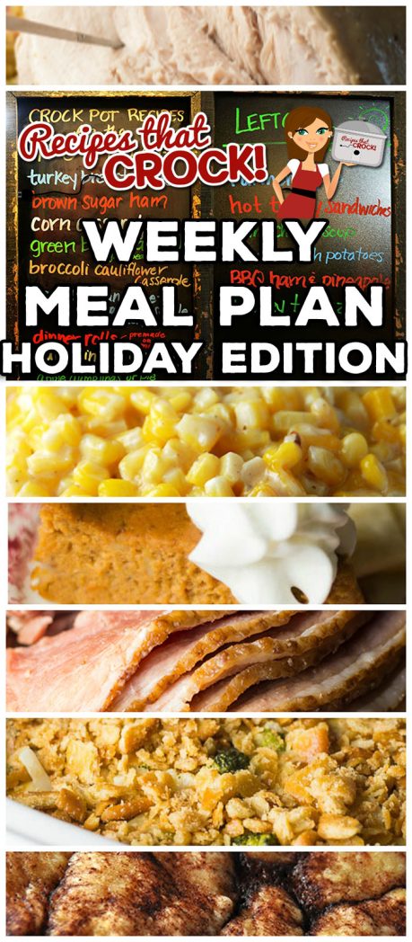 We are switching things up with week with a Weekly Meal Plan - Holiday Edition! This week is all about how to use your slow cooker to free up your oven for the holidays. Crock pot turkey breast, Crock pot turkey legs, crock pot brown sugar ham, slow cooker corn casserole, crock pot creamy corn, crock pot green bean casserole and MUCH more including homemade yeast rolls you make in your slow cooker! We also give you some ideas for what you can make with all those leftovers!