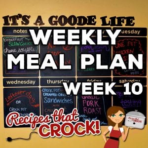 This week's Weekly Meal Plan includes Crock Pot Cheese Souffle, Crock Pot Peaches 'n Cream Dump Cake, Crock Pot Steak with Gravy, Crock Pot No Boil Mashed Potatoes, One Pot Chicken Casserole, Crock Pot Dinner Rolls, Crock Pot Chicken Noodle Soup, Crock Pot Creamed Chicken Sandwiches, Crock Pot Roasted Potatoes, Garlic Pork Roast and Crock Pot Parmesan Corn!