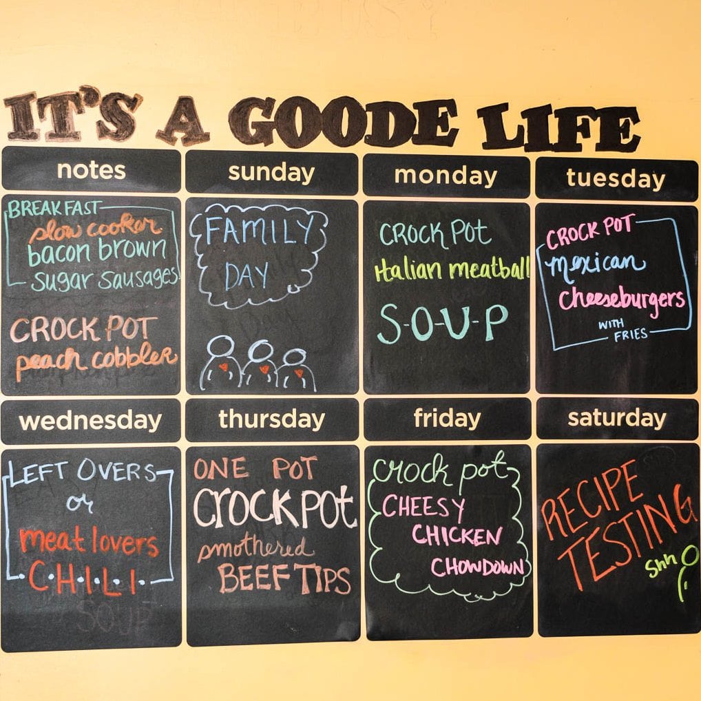This week's Weekly Meal Plan includes Slow Cooker Bacon Brown Sugar Sausages, Crock Pot Peach Cobbler, Crock Pot Italian Meatball Soup, Crock Pot Mexican Hamburgers, Meat Lovers Crock Pot Chili, Smothered Crock Pot Beef Tip and Crock Pot Cheesy Chicken Chowdown!