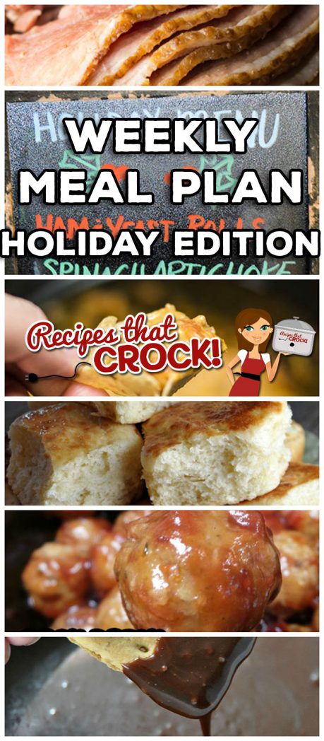 This week's Weekly Meal Plan is a little different. Christmas week is upon us, so we thought we would share with you our holiday finger foods menu! It includes Brown Sugar Holiday Ham with Crock Pot Homemade Yeast Rolls (for small sandwiches), Spinach Artichoke Dip, Crock Pot Sausage Cheese Dip, French Onion Meatballs, Easy Party Meatballs, Tangy Pineapple Meatballs, Crock Pot Cream Cheese Caramel Dip, Crock Pot Caramel S'More Fondue and Crock Pot Magic Bars!