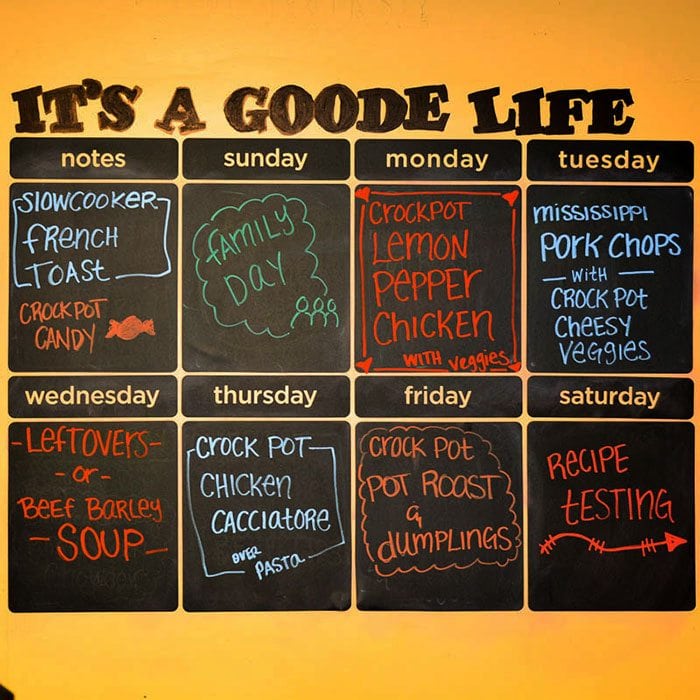 This week's Weekly Meal Plan includes Slow Cooker French Toast Casserole, Peanut Cluster Crock Pot Candy, Crock Pot Lemon Pepper Chicken, Crock Pot Mississippi Pork Chops, Crock Pot Cheesy Veggies, Crock Pot Beef Barley Soup, Crock Pot Chicken Cacciatore and Crock Pot Pot Roast and Dumplings.
