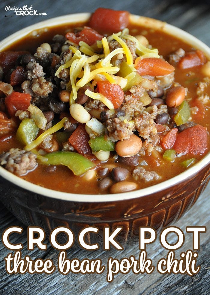 Do you want a delicious chili that is super easy to throw together? Then you don't want to miss this Crock Pot Three Bean Pork Chili!