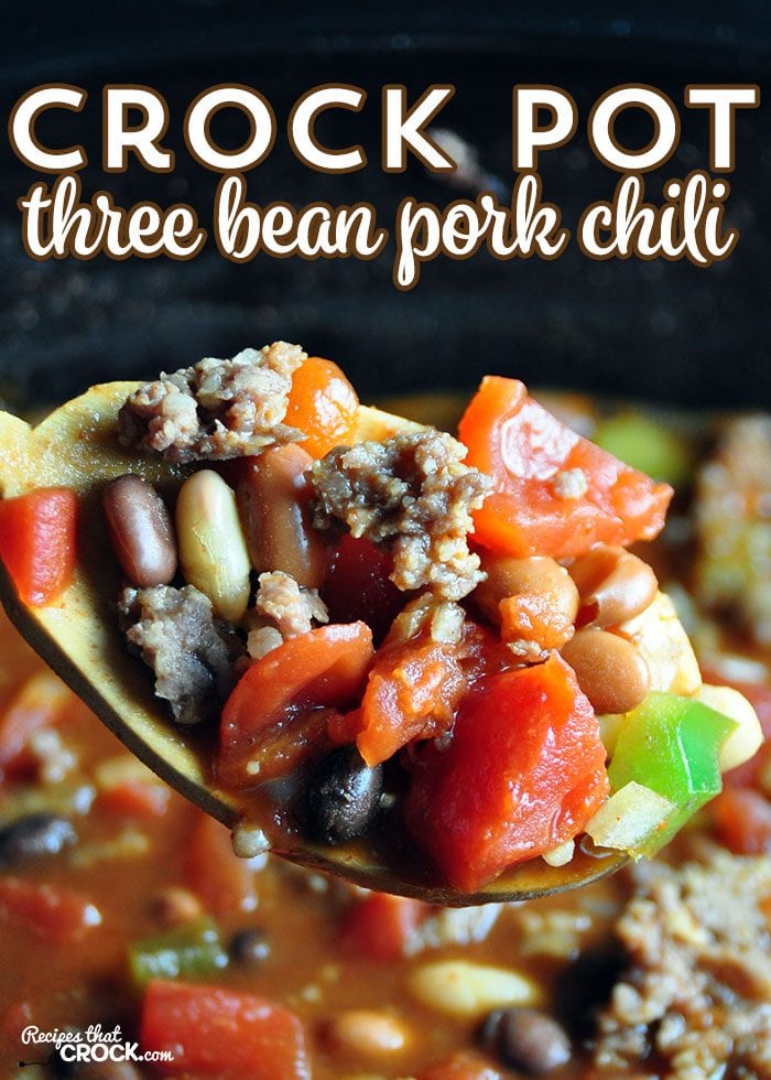 Do you want a delicious chili that is super easy to throw together? Then you don't want to miss this Crock Pot Three Bean Pork Chili!
