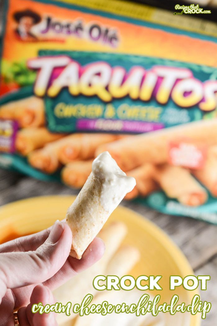 Crock Pot Cream Cheese Enchilada Dip is a super simple dipping sauce that goes perfect with @joseolecentral Chicken and Cheese Taquitos. #Ad #JustSayOle