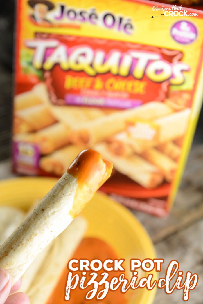 Crock Pot Pizzeria Dip Recipe is a perfect sauce to go with @JoseOleCentral Beef and Cheese Taquitos. #Ad #JustSayOle