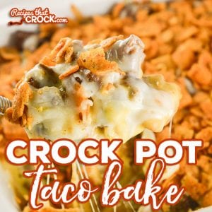 Crock Pot Taco Bake is an delicious adaptation of our popular oven recipe. Layers of chili cheese fritos, taco meat, cheese sauce, shredded cheese and more fritos bake up into a delicious casserole we love to serve over a bed of lettuce with all our favorite taco toppings! #sponsored