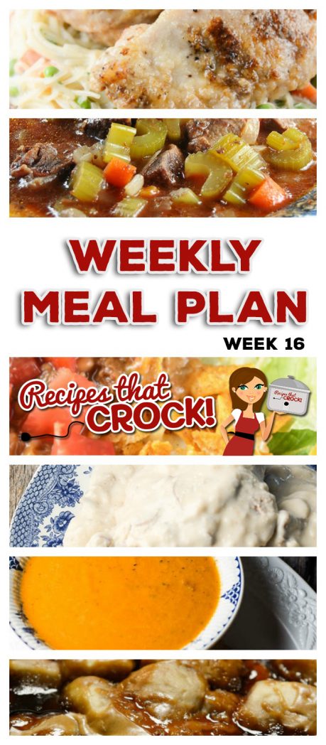 This week's weekly menu features comforting Homemade Crock Pot Tomato Soup with Grilled Cheese, Easy Crock Pot Chicken Dinner for Two, Easy Crock Pot Beef Stew, Crock Pot Angel Pork Chops with Crock Pot Green Beans, Crock Pot Taco Casserole, Peanut Butter Jelly Casserole and Slow Cooker Baked Apples.