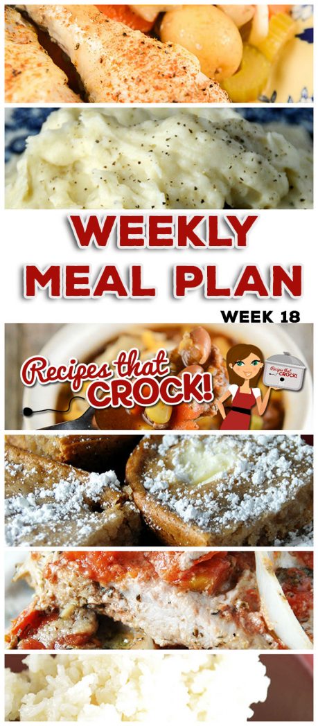 This week's weekly menu features Crock Pot All Day Chicken Dinner, Crock Pot Cubed Steak with Gravy, Crock Pot No Boil Mashed Potatoes, Crock Pot Chili Vegetable Ranch Hand Soup, Easy Crock Pot Italian Chops, Parmesan Rice, Crock Pot Mississippi Whole Chicken, Crock Pot Cheesy Rotini, Crock Pot Apple Cinnamon Cream Cheese Squares and Crock Pot Rumchata Caramel Dip.