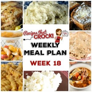 This week's weekly menu features Crock Pot All Day Chicken Dinner, Crock Pot Cubed Steak with Gravy, Crock Pot No Boil Mashed Potatoes, Crock Pot Chili Vegetable Ranch Hand Soup, Easy Crock Pot Italian Chops, Parmesan Rice, Crock Pot Mississippi Whole Chicken, Crock Pot Cheesy Rotini, Crock Pot Apple Cinnamon Cream Cheese Squares and Crock Pot Rumchata Caramel Dip.