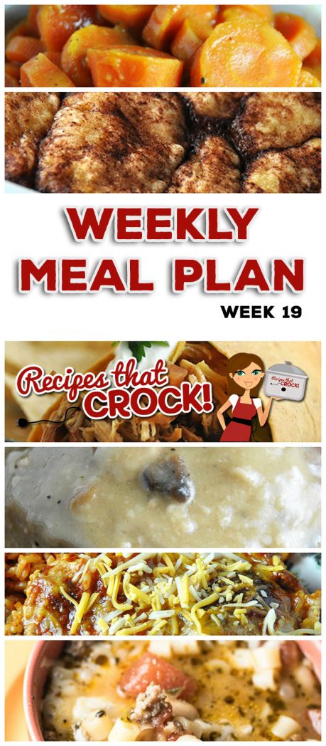This week's weekly menu features Crock Pot BBQ Chicken Wraps, Crock Pot Cheesy Taco Pork Chops, Crock Pot Pasta Fagioli, Crock Pot Creamy Dijon Mushroom Pork, Crock Pot Sweet Tangy Carrots, Crock Pot Pizza Casserole, Crock Pot Cheesy Bacon Casserole, Crock Pot Apple Dumplings and Crock Pot Cheesy Party Mix.