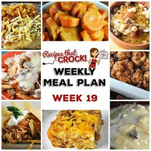This week's weekly menu features Crock Pot BBQ Chicken Wraps, Crock Pot Cheesy Taco Pork Chops, Crock Pot Pasta Fagioli, Crock Pot Creamy Dijon Mushroom Pork, Crock Pot Sweet Tangy Carrots, Crock Pot Pizza Casserole, Crock Pot Cheesy Bacon Casserole, Crock Pot Apple Dumplings and Crock Pot Cheesy Party Mix.