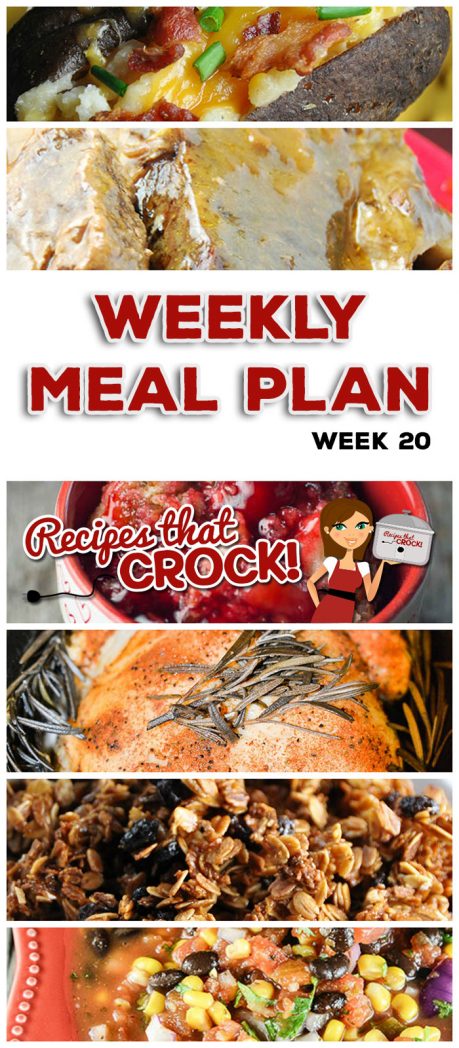 This week's weekly menu features Easy Honey Granola, Crock Pot Ham and Cheddar Quiche, Crock Pot Easy Special Pot Roast, Crock Pot Cheesy Scalloped Potatoes, Crock Pot Lemon Pepper Pork Chops, Crock Pot Cheeseburger Soup, Crock Pot Whole Chicken, Crock Pot Twice Baked Potatoes, Crock Pot Taco Joes, Homemade Salsa and Crock Pot Cherry Pineapple Dump Cake.