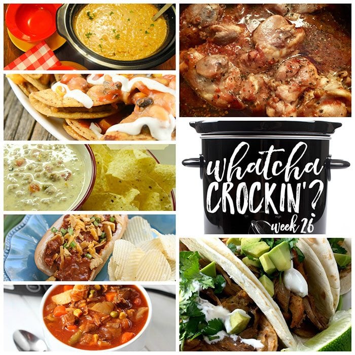 This week's Whatcha Crockin' crock pot recipes include Crock Pot Honey Garlic Chicken Thighs, Crock Pot Game Day Taco Nachos, Vegetable Beef Soup, Crock Pot Sausage Queso Dip, Crock Pot Chili Cheese Dogs, Crock Pot Pork Carnitas, Slow Cooker Green Chili, Chicken and Rice Soup and much more!