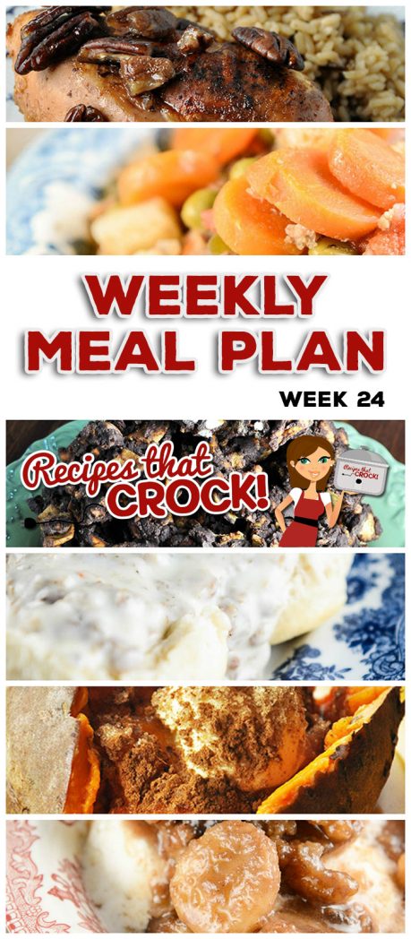 This week's weekly menu features Slow Cooker Sausage Gravy, Crock Pot Rumchata Banana Foster, Crock Pot Maple Praline Chicken, Crock Pot Sweet Potatoes, Easy Crock Pot Teriyaki Beef, Crock Pot Italian Hobo Stew, Crock Pot Cheesy Chicken and Rice Casserole, Crock Pot Root Beer Pork Hoagies, Old Fashioned Crock Pot Baked Beans and Crock Pot Salty Sweet Crunchy Goodness.