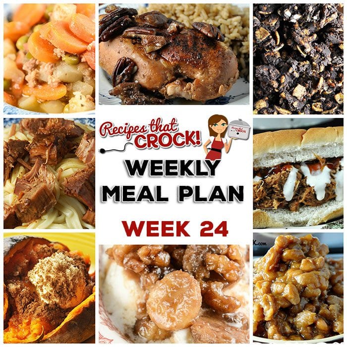 This week's weekly menu features Slow Cooker Sausage Gravy, Crock Pot Rumchata Banana Foster, Crock Pot Maple Praline Chicken, Crock Pot Sweet Potatoes, Easy Crock Pot Teriyaki Beef, Crock Pot Italian Hobo Stew, Crock Pot Cheesy Chicken and Rice Casserole, Crock Pot Root Beer Pork Hoagies, Old Fashioned Crock Pot Baked Beans and Crock Pot Salty Sweet Crunchy Goodness.